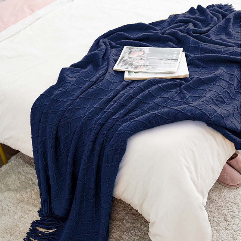Elegant Nordic Blankets Tassel Knitted Sofa Cover Home Decorate Bedsheet Throw Blanket Cashmere Khaki Tapestry for Summer-deep blue,127x160 cm