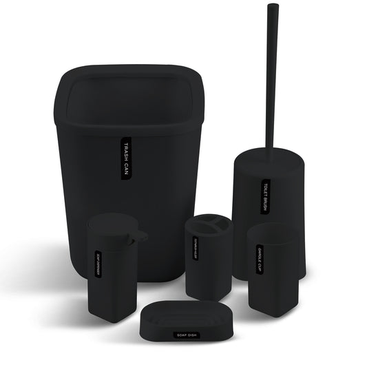 6 Pieces Bathroom Accessories- Bathroom Bin And Toilet Brush Set- Durable Toothbrush Holder Cup- Soap Dispenser With Pump- Soap Dish Holder- Modern Trash Can