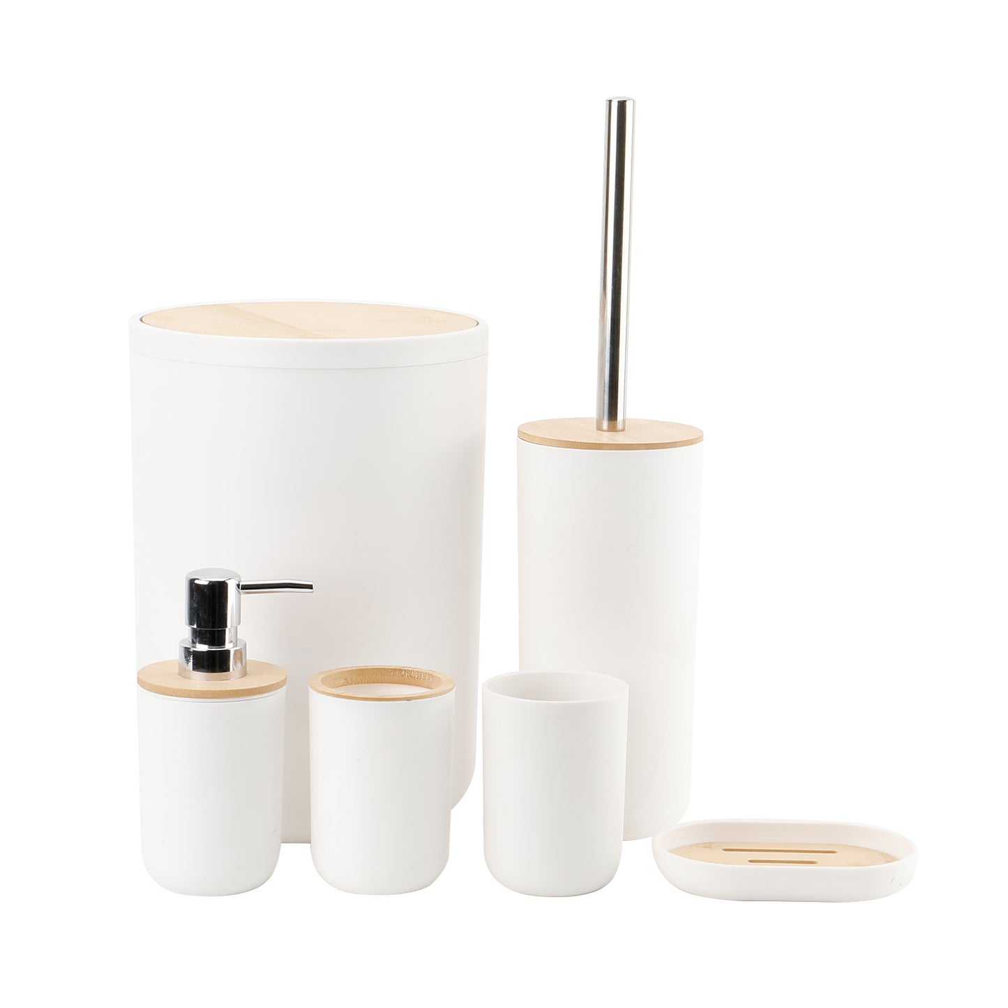 6 Pieces Bathroom Accessories- Bathroom Bin And Toilet Brush Set- Durable Toothbrush Holder Cup- Soap Dispenser With Pump- Soap Dish Holder- Modern Trash Can