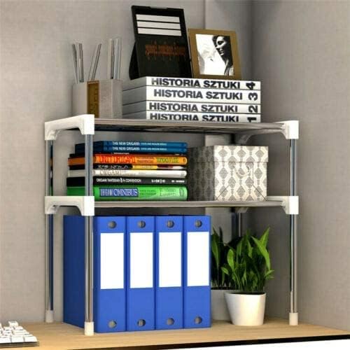 2 Tier Microwave Oven Rack Kitchen Counter top Storage Organizer Stand with 2 Height Adjustable Shelves and 6 Hooks