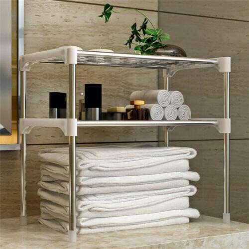 2 Tier Microwave Oven Rack Kitchen Counter top Storage Organizer Stand with 2 Height Adjustable Shelves and 6 Hooks