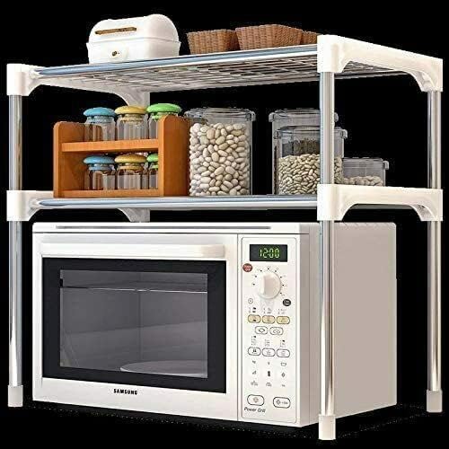 2 Tier Microwave Oven Rack Kitchen Counter top Storage Organizer Stand with 2 Height Adjustable Shelves and 6 Hooks