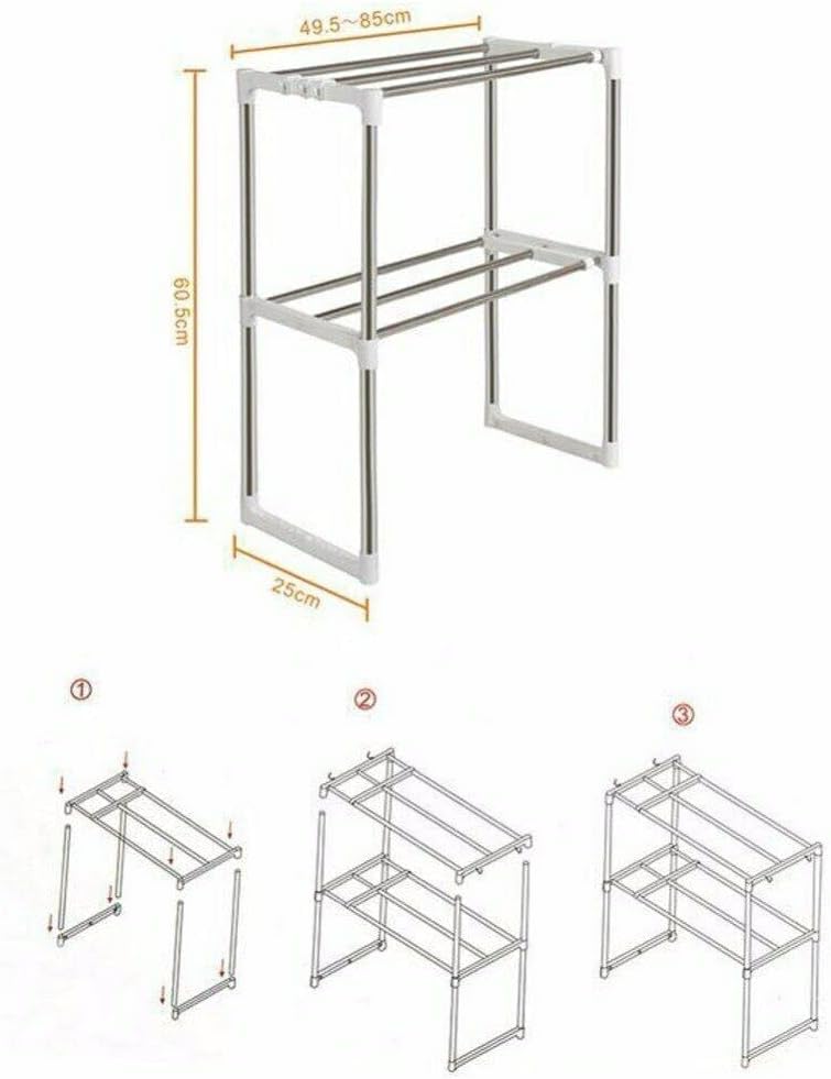 2 Tier Microwave Oven Rack Kitchen Counter top Storage Organizer Stand with 2 Height Adjustable Shelves and 6 Hooks