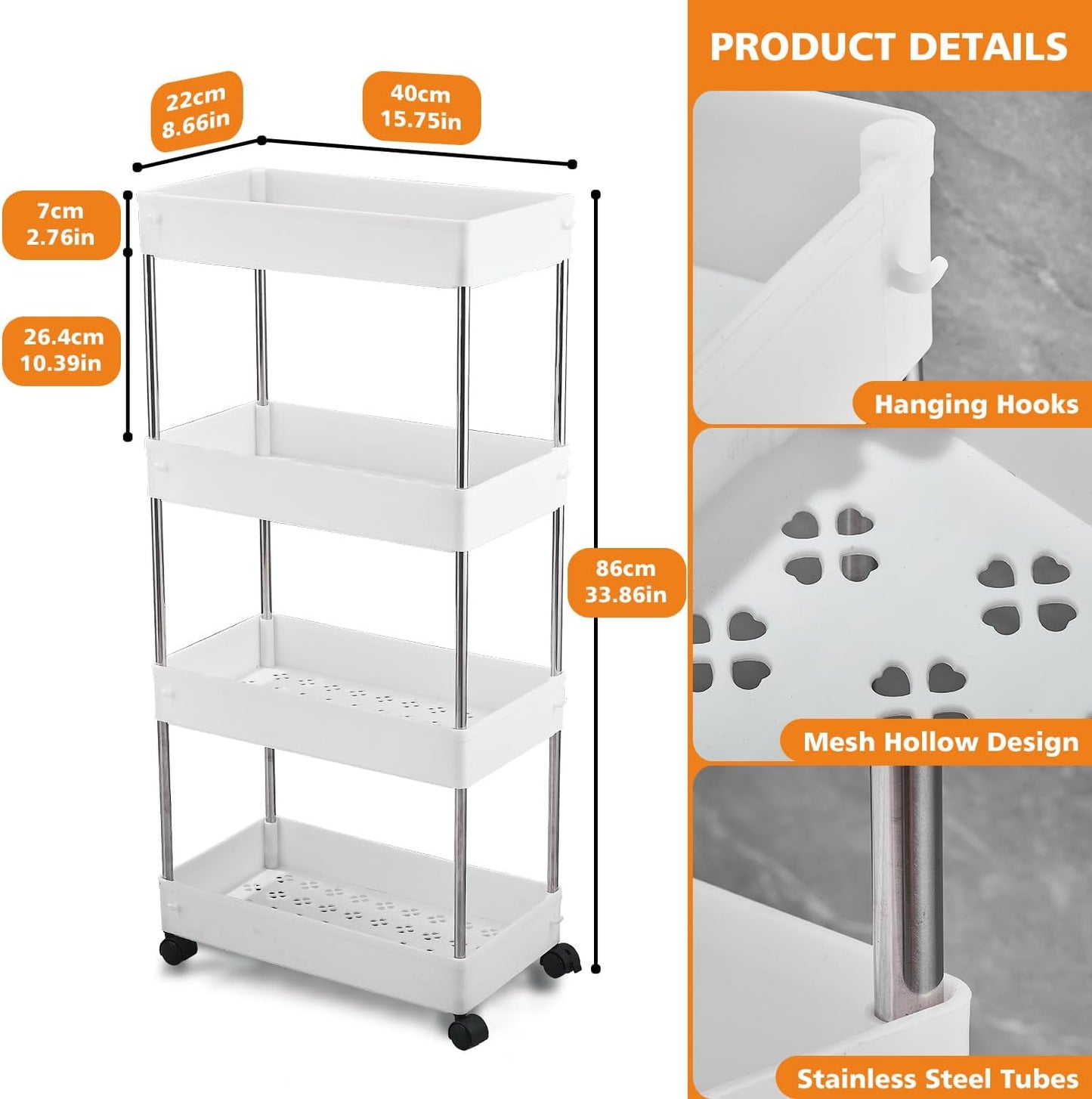 Bath Rack ,Kitchen Trolley on Wheels 4-Tier, Narrow Utility Kitchen Cart Vegetable Rack Bathroom Trolley, Space-Saving Storage Trolley on Wheels for Office, Kitchen, Bathroom, 40 x 22 x 86 cm, White