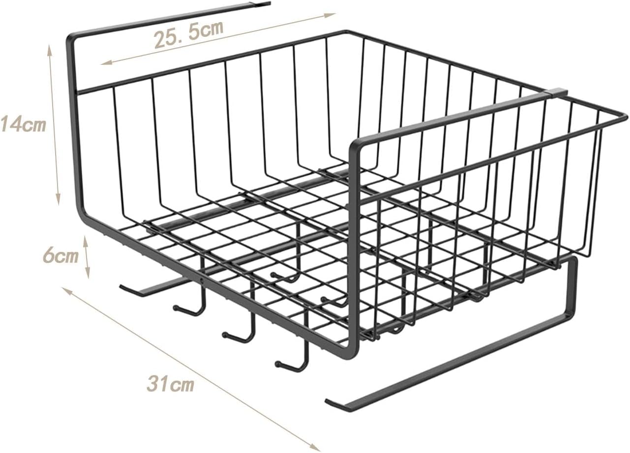 Extra-large Metal Hanging Basket Under-Cabinet Wire Basket Small Item Organiser for Home Use Under Desk Shelf for Kitchen Pantry Bookshelf with Dual Mounted Hooks