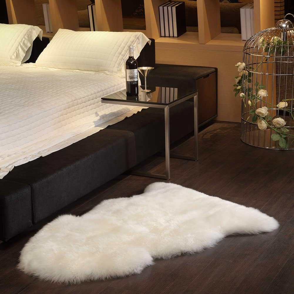 Real Genuine Sheepskin Rug Natural Sheepskin Throw Real Full Sheepskin Rugs Fluffy Fur Rug Authentic Sheepskin Seat Covers For Chairs Sheepskin Seat Pads Cushion White (70X100cm)(Double: 210x80cm)