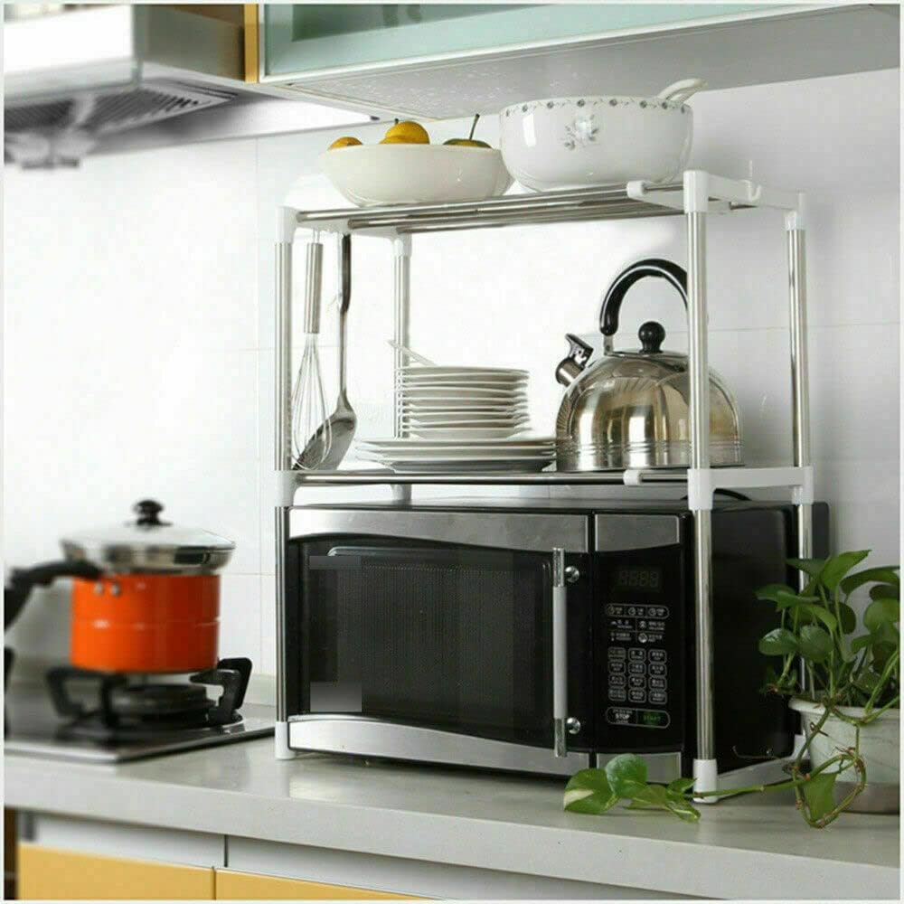 2 Tier Microwave Oven Rack Kitchen Counter top Storage Organizer Stand with 2 Height Adjustable Shelves and 6 Hooks