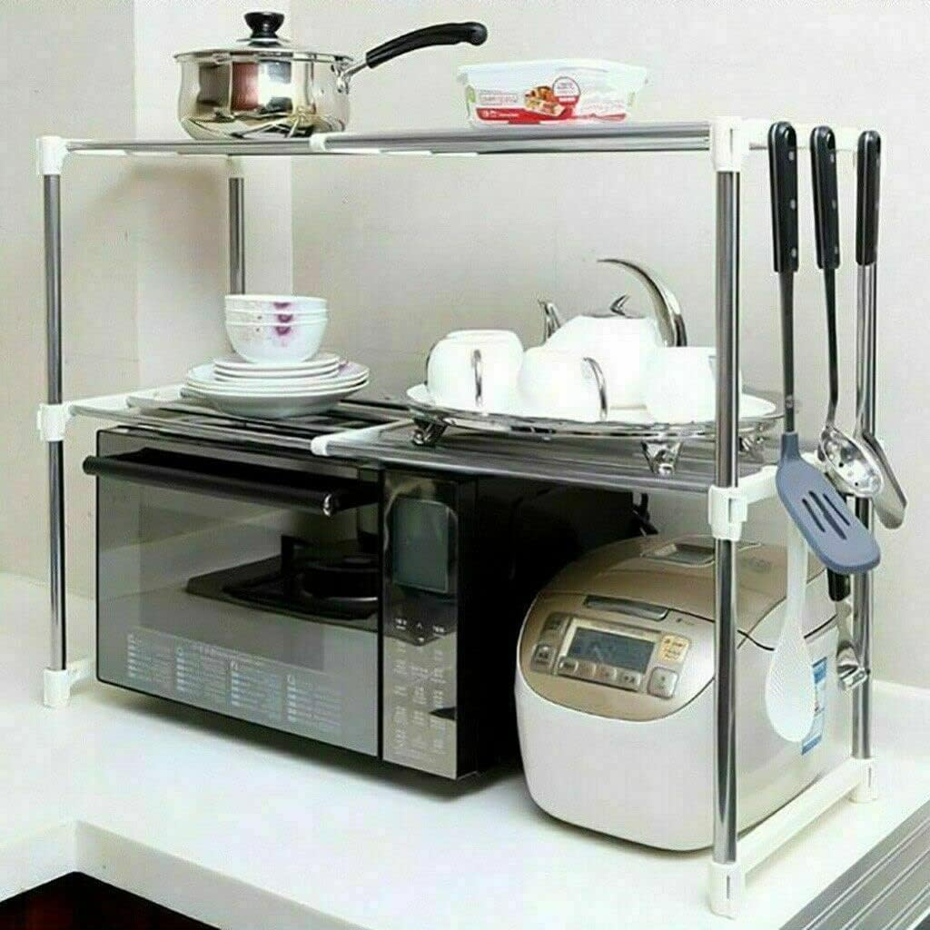 2 Tier Microwave Oven Rack Kitchen Counter top Storage Organizer Stand with 2 Height Adjustable Shelves and 6 Hooks