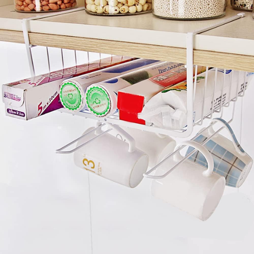 Metal Hanging Basket Under-Cabinet Wire Basket Small Item Organiser for Home Use Under Desk Shelf for Kitchen Pantry Bookshelf with Dual Mounted Hooks
