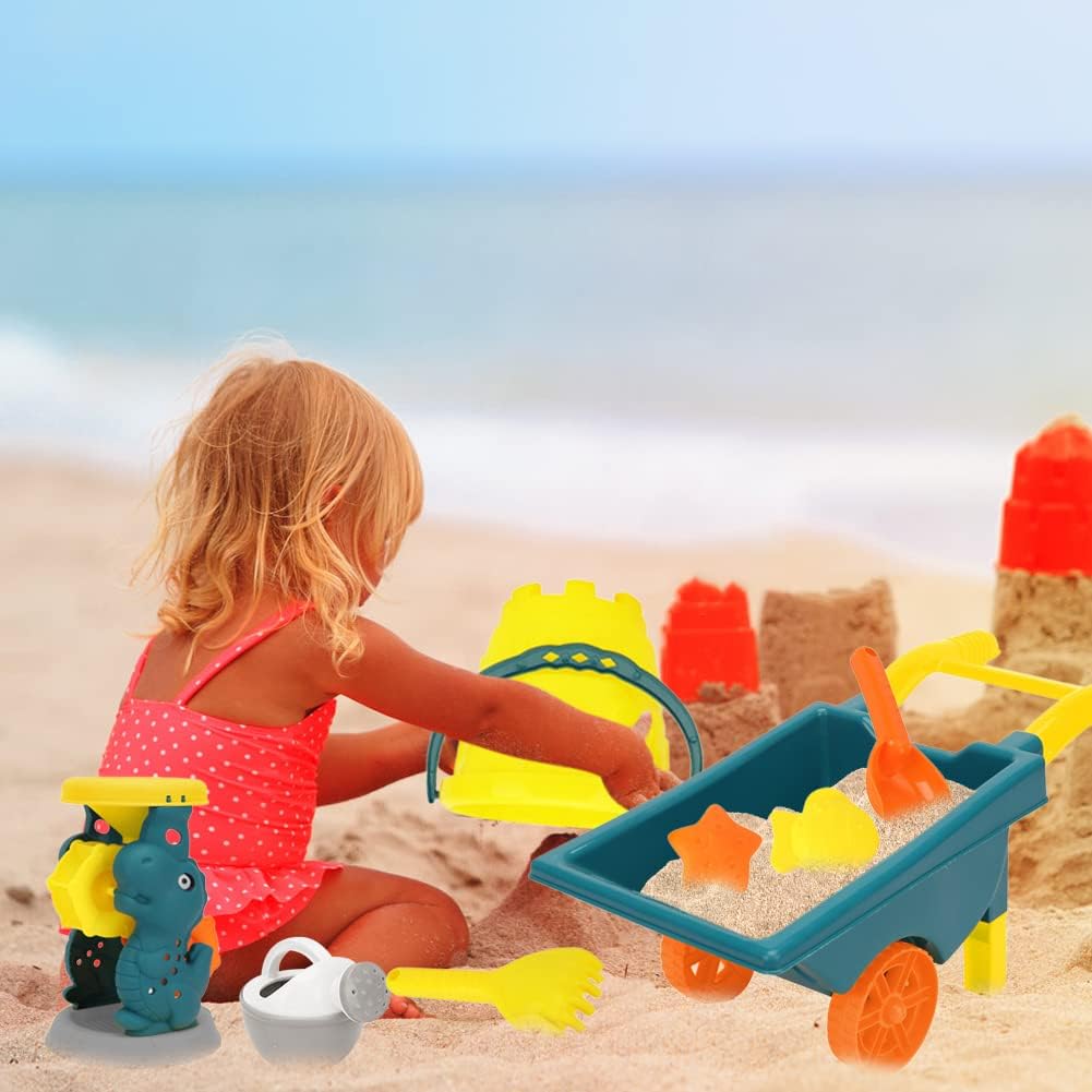 Beach Toy Set Wheelbarrow ,Wheelbarrow Beach Toy, Beach Sand Toy with Reusable Mesh Bag, Sand Water Wheel, Molds, , Beach Shovels Rakes Tool Kit, Beach Toys for Water Play