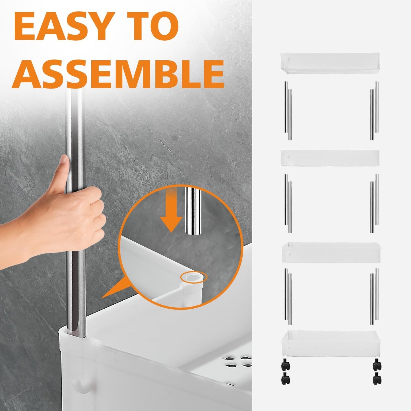 Bath Rack ,Kitchen Trolley on Wheels 4-Tier, Narrow Utility Kitchen Cart Vegetable Rack Bathroom Trolley, Space-Saving Storage Trolley on Wheels for Office, Kitchen, Bathroom, 40 x 22 x 86 cm, White
