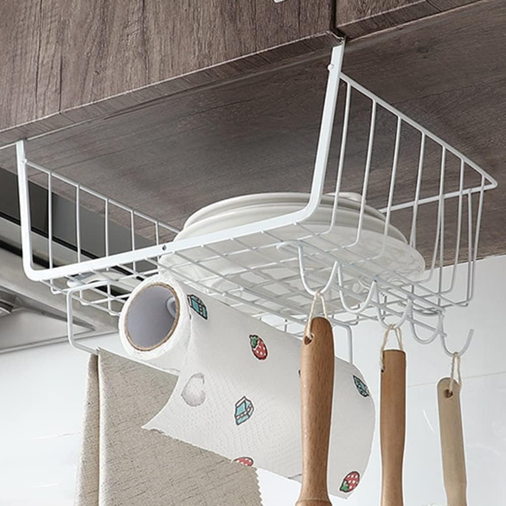 Metal Hanging Basket Under-Cabinet Wire Basket Small Item Organiser for Home Use Under Desk Shelf for Kitchen Pantry Bookshelf with Dual Mounted Hooks