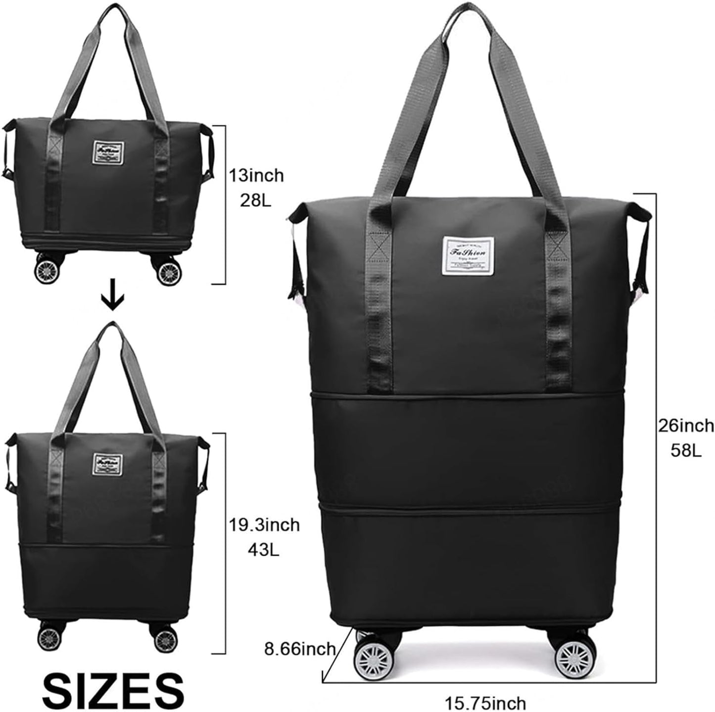Duffle Bag for Travel with Wheels Expandable and Removable Wheels