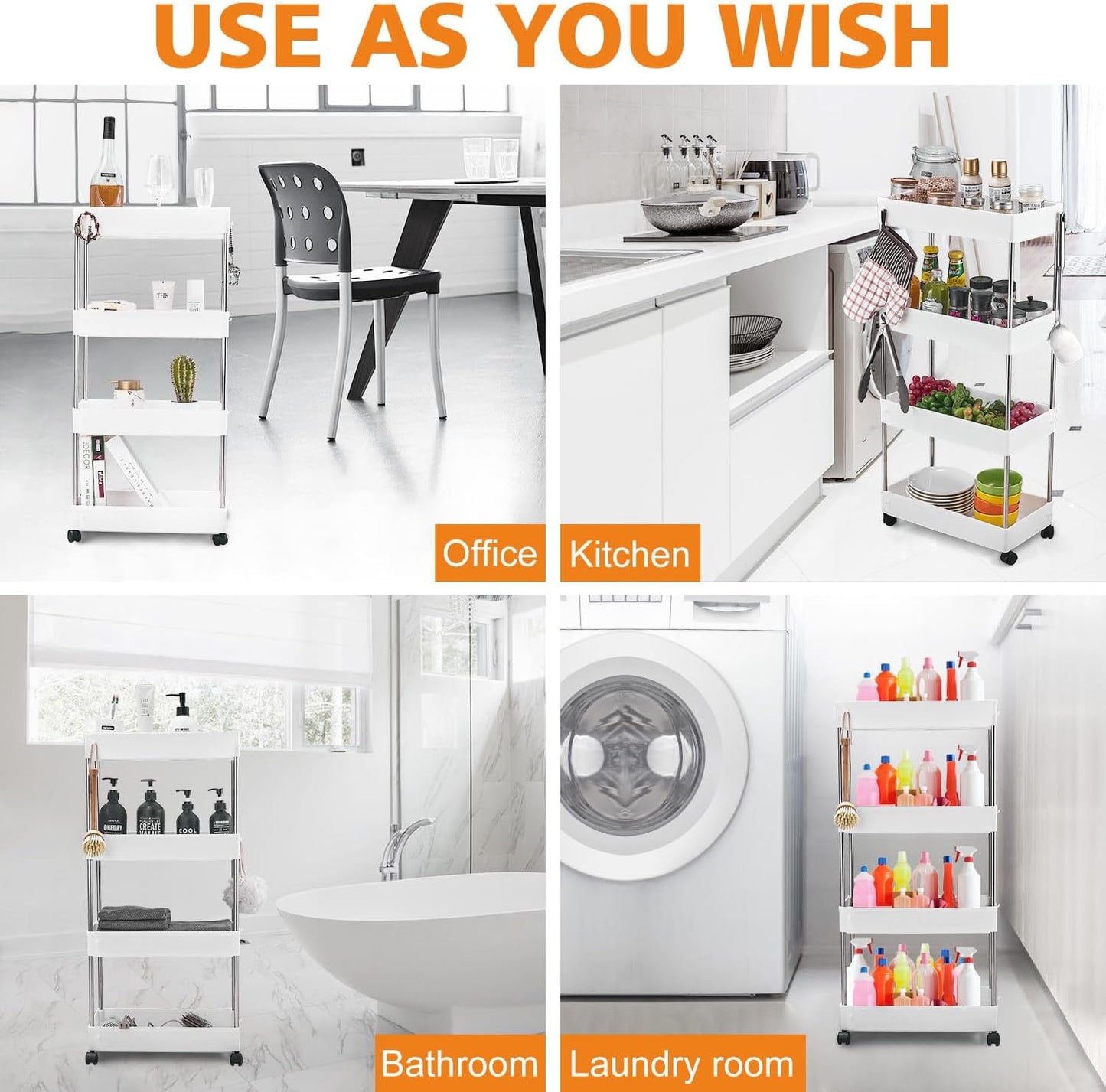 Bath Rack ,Kitchen Trolley on Wheels 4-Tier, Narrow Utility Kitchen Cart Vegetable Rack Bathroom Trolley, Space-Saving Storage Trolley on Wheels for Office, Kitchen, Bathroom, 40 x 22 x 86 cm, White