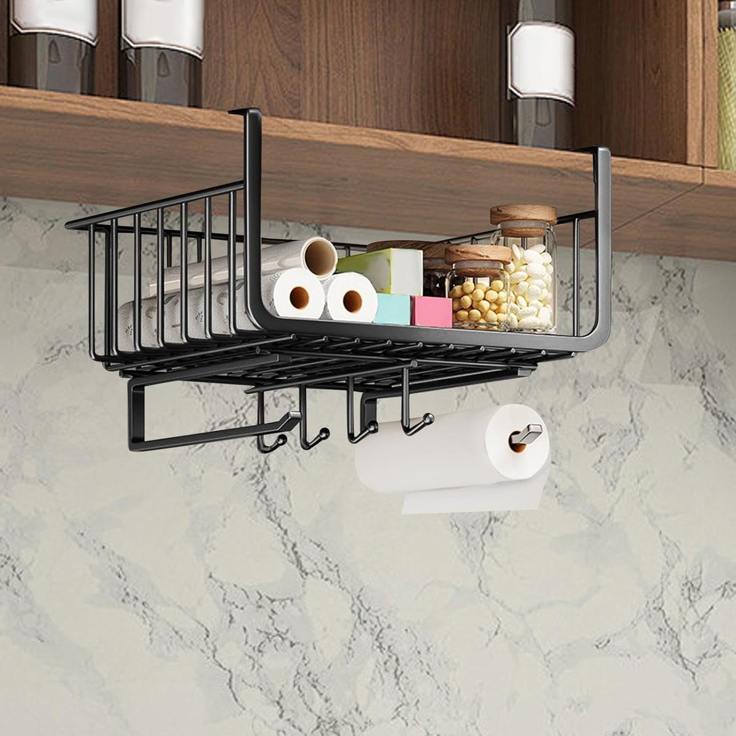 Extra-large Metal Hanging Basket Under-Cabinet Wire Basket Small Item Organiser for Home Use Under Desk Shelf for Kitchen Pantry Bookshelf with Dual Mounted Hooks