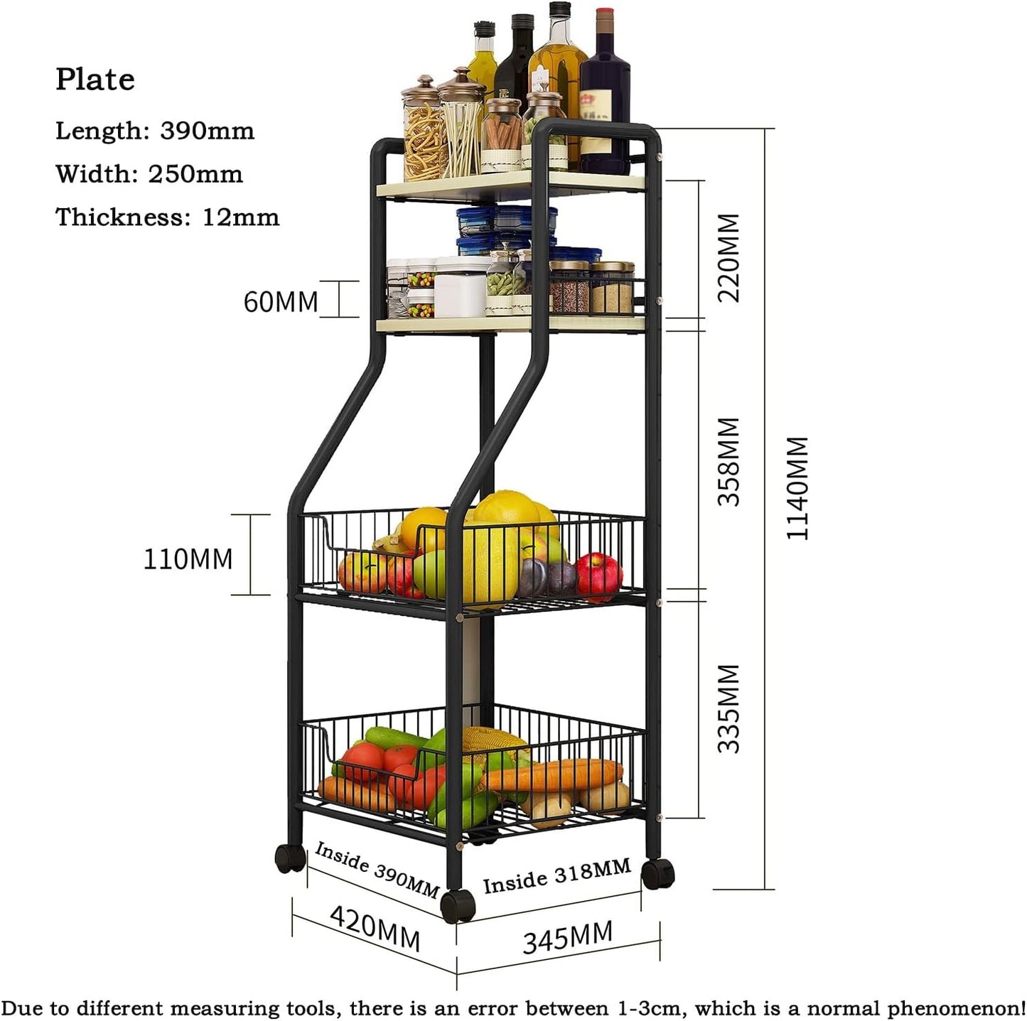Vegetable Storage Rack,kitchen Trolley,Vegetable Trolley on Wheels,5-4 Tier Kitchen Vegetable Storage Trolley Black Metal