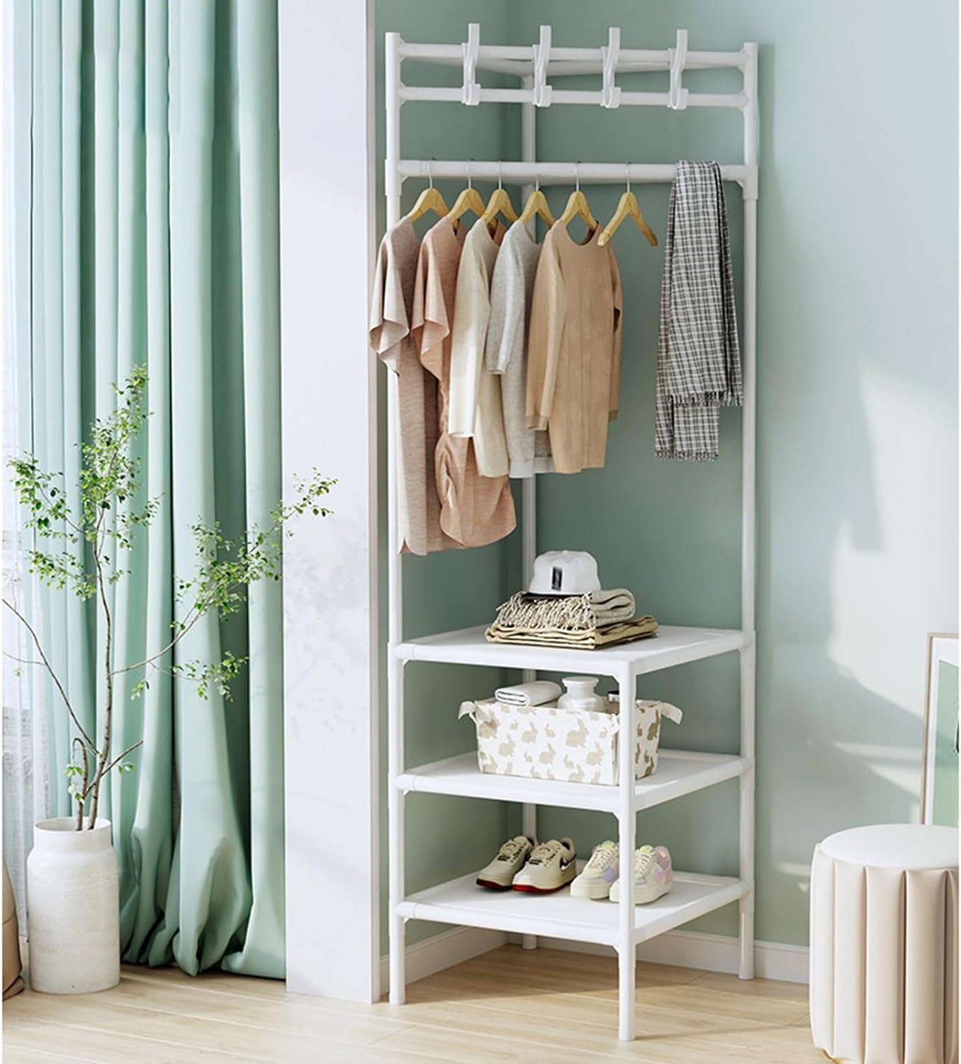 Corner Coat Rack Freestanding Metal Clothing Rack With 2/3-Tier Shelves And 4 Hooks Corner Clothes Rack For Home,Bedroom,Living Room