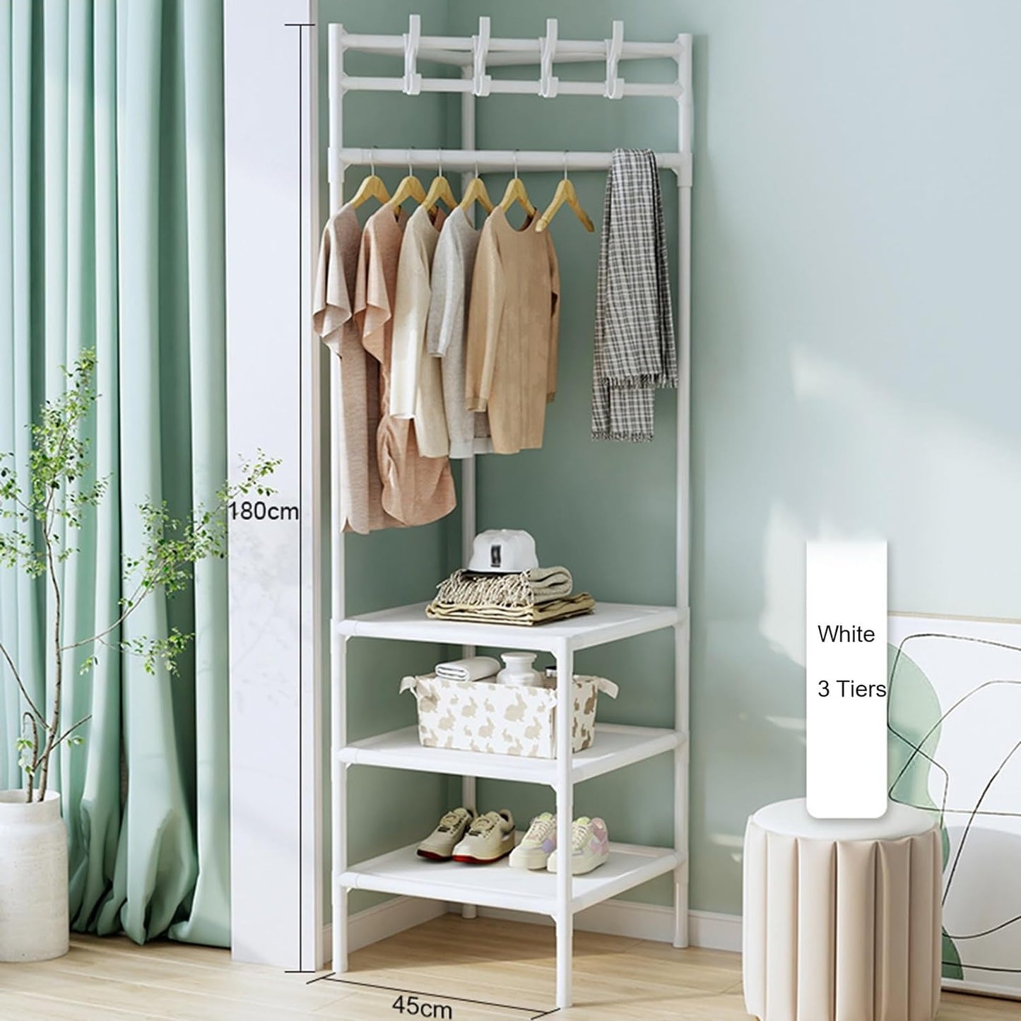 Corner Coat Rack Freestanding Metal Clothing Rack With 2/3-Tier Shelves And 4 Hooks Corner Clothes Rack For Home,Bedroom,Living Room