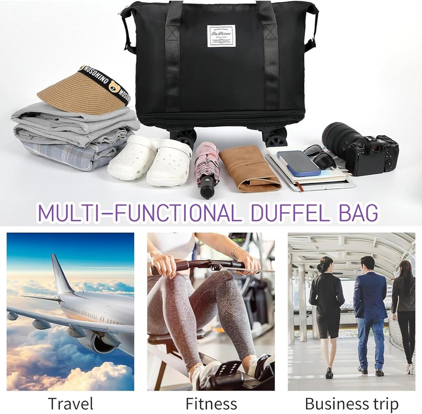 Duffle Bag for Travel with Wheels Expandable and Removable Wheels
