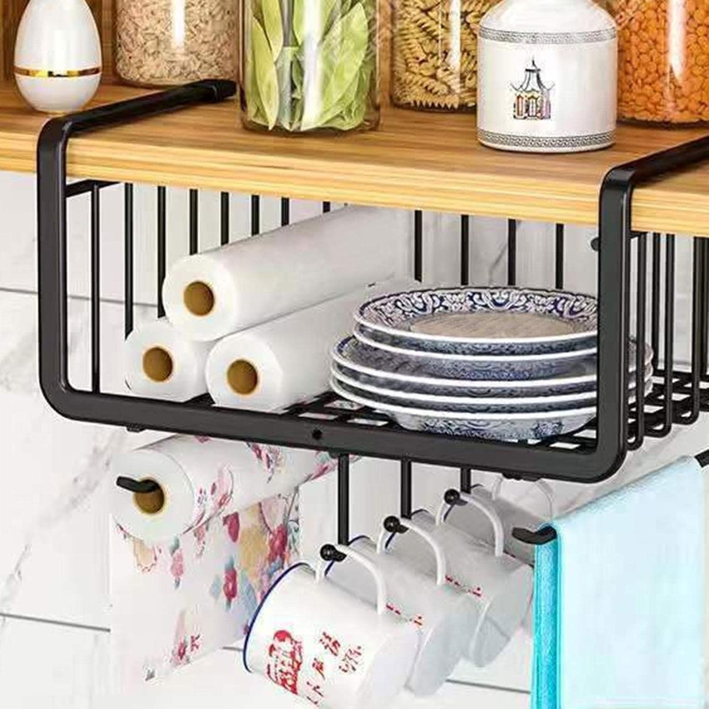 Extra-large Metal Hanging Basket Under-Cabinet Wire Basket Small Item Organiser for Home Use Under Desk Shelf for Kitchen Pantry Bookshelf with Dual Mounted Hooks