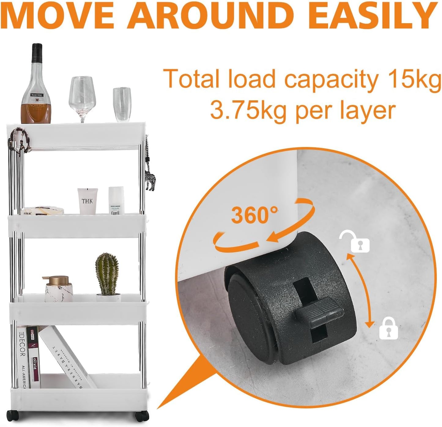 Bath Rack ,Kitchen Trolley on Wheels 4-Tier, Narrow Utility Kitchen Cart Vegetable Rack Bathroom Trolley, Space-Saving Storage Trolley on Wheels for Office, Kitchen, Bathroom, 40 x 22 x 86 cm, White