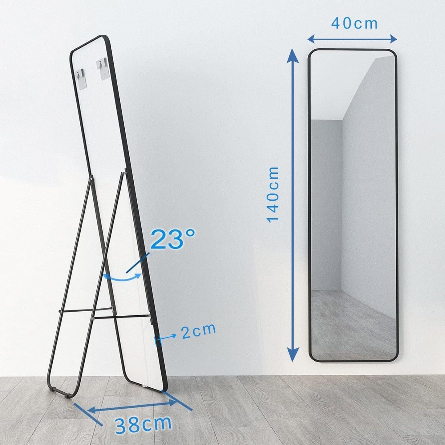 Full Length Mirror 148 x 36 cm, Free Standing Floor Mirror, Wall Mounted Black Frame Hang Large Body Mirror for Dressing Room