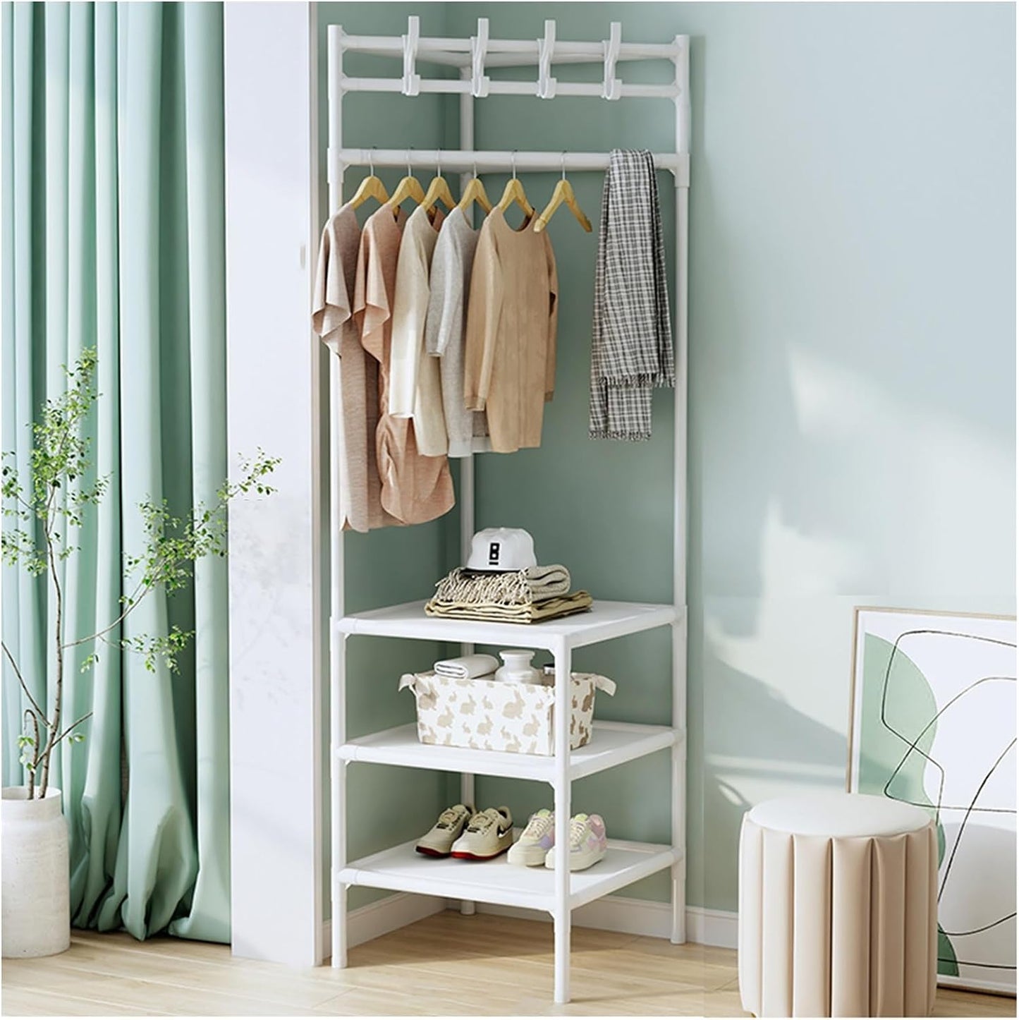 Corner Coat Rack Freestanding Metal Clothing Rack With 2/3-Tier Shelves And 4 Hooks Corner Clothes Rack For Home,Bedroom,Living Room