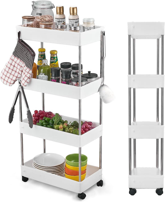 Bath Rack ,Kitchen Trolley on Wheels 4-Tier, Narrow Utility Kitchen Cart Vegetable Rack Bathroom Trolley, Space-Saving Storage Trolley on Wheels for Office, Kitchen, Bathroom, 40 x 22 x 86 cm, White