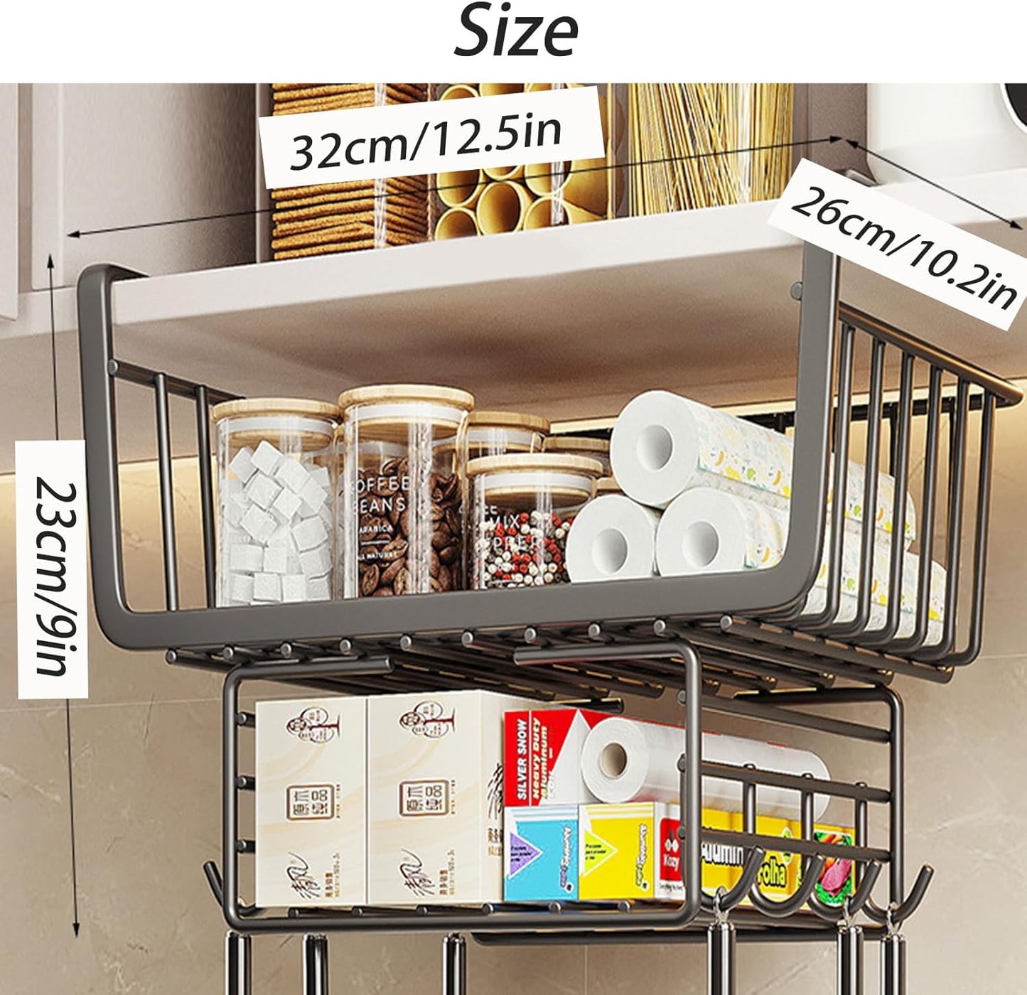 Hanging Shelf Storage Kitchen Basket ,Organizer Basket,Under Cabinet Slide-in Wire Rack With 8-Hooks For Towels,Knives,Key,Cups,Tissue for Laundry,Room