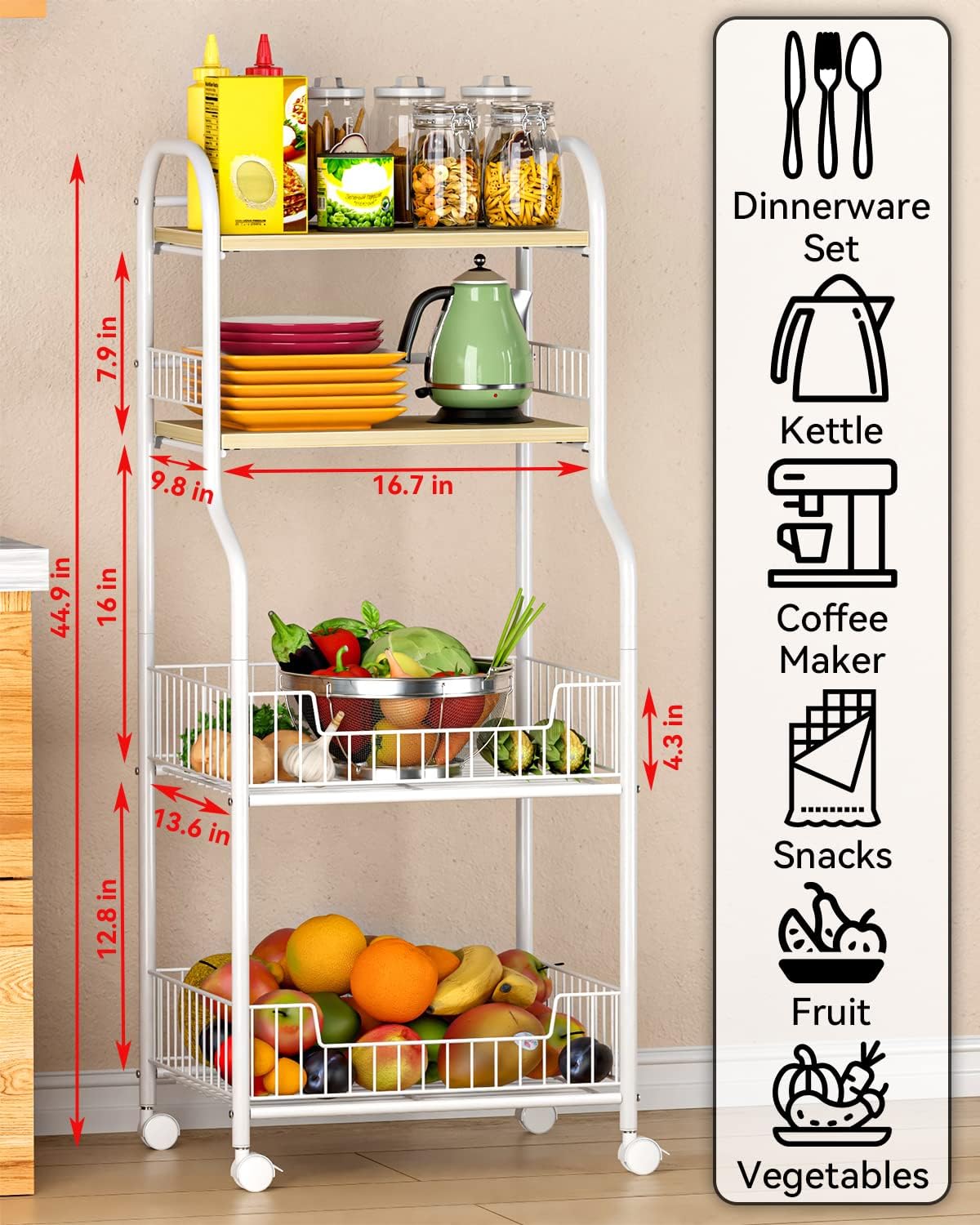 Vegetable Storage Rack,kitchen Trolley,Vegetable Trolley on Wheels,5-4 Tier Kitchen Vegetable Storage Trolley Black Metal