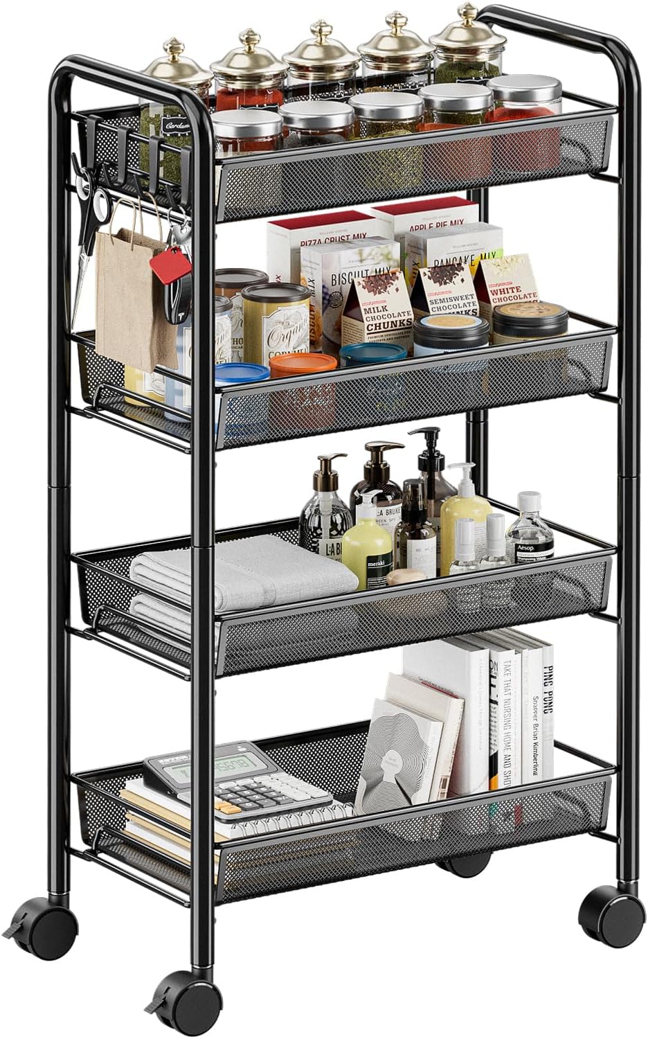 5 tier Tier Storage Trolley - Metal Kitchen Trolley on Wheels Rolling Art Trolley Utility Cart for Kitchen Laundry Bathroom Easy Assemble Black