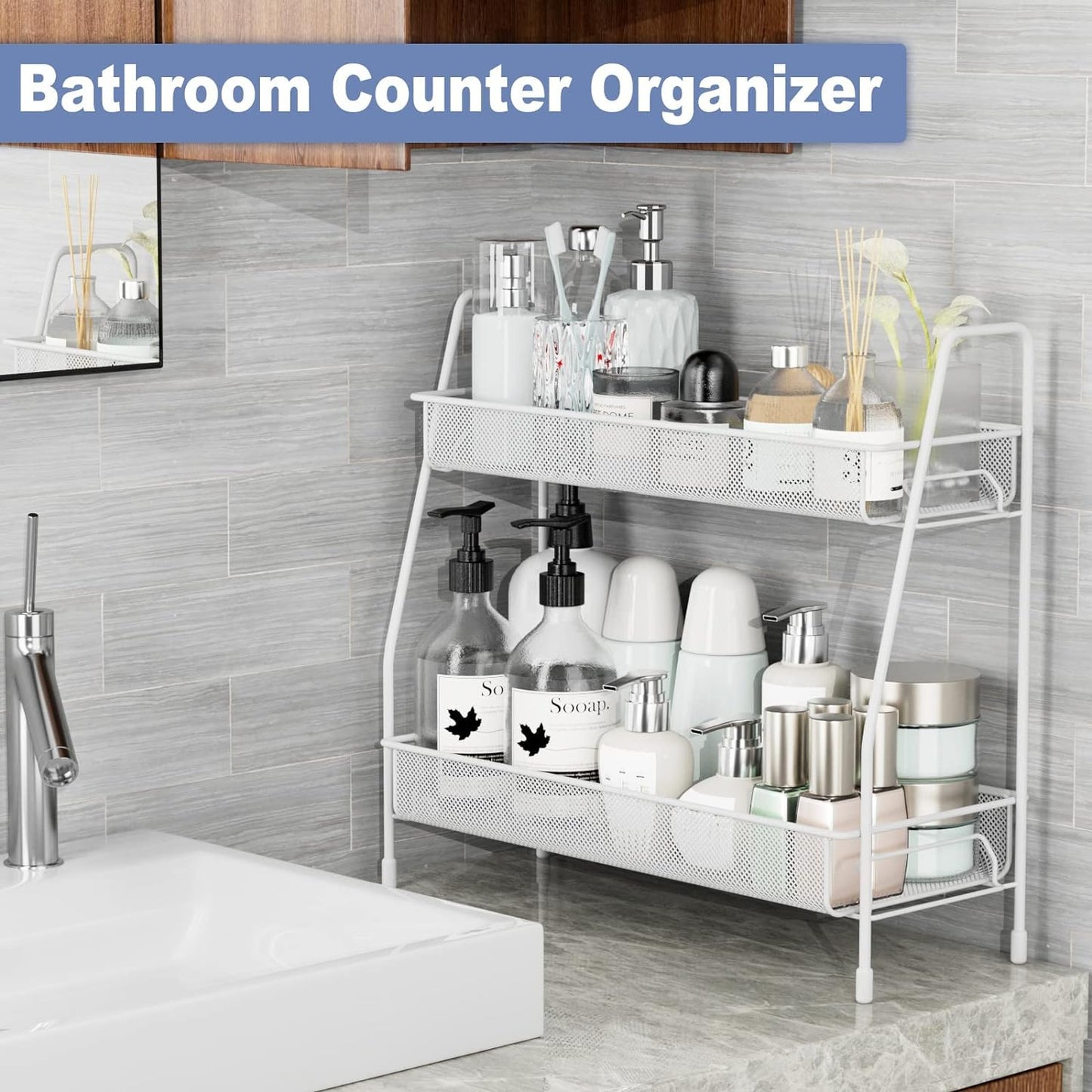2 Tier Bathroom organiser - 17D x 36W x 33H CM Small Bathroom Counter Storage Kitchen Storage & Organisation for Countertop Home and Office