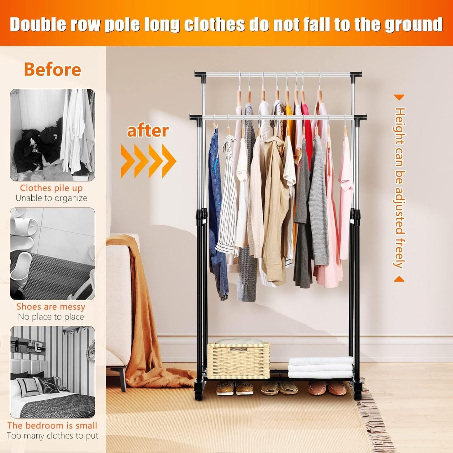 Double Rail Clothes Rail, Portable Clothes Rack on Wheels