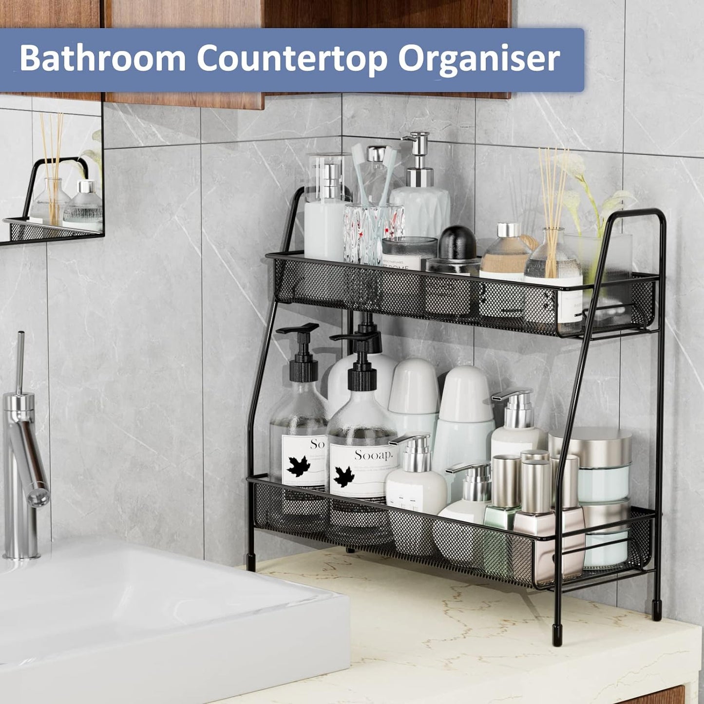 2 Tier Bathroom organiser - 17D x 36W x 33H CM Small Bathroom Counter Storage Kitchen Storage & Organisation for Countertop Home and Office