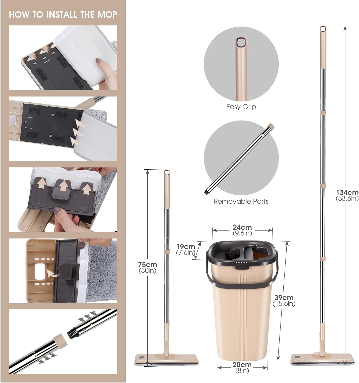 Flat Mop and Bucket Set, Compact Mop Bucket with Stainless Steel Long Handle, Squeegee Floor Mop Set with Wringing Bucket for Floor Cleaning, Send 2 Microfiber Mop Pads