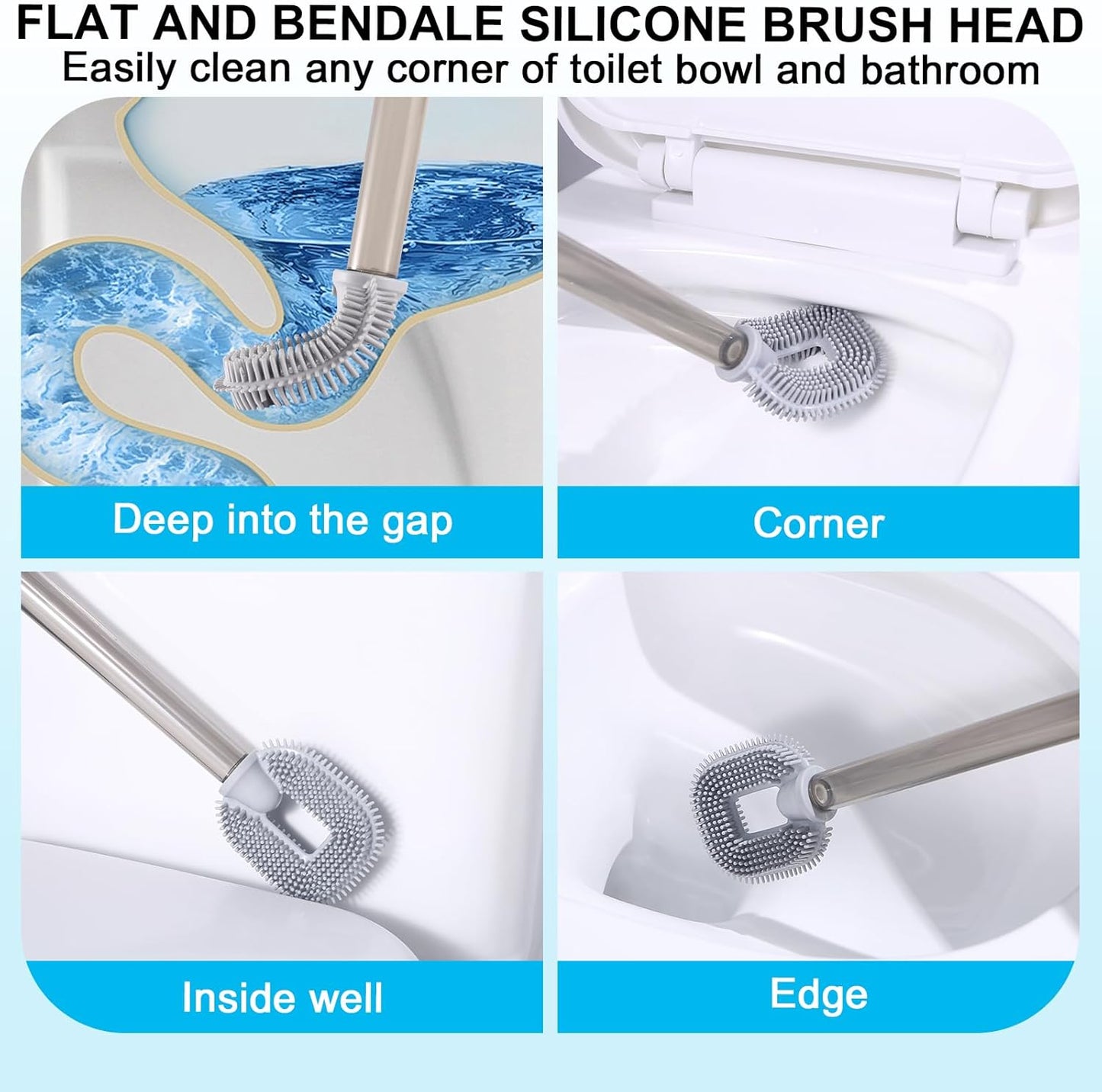 Silicone Toilet Brush and Holder Set, Deep Cleaning Bowl Toilet Brush with Soft Flexible Bristles and No-Slip Plastic Handle