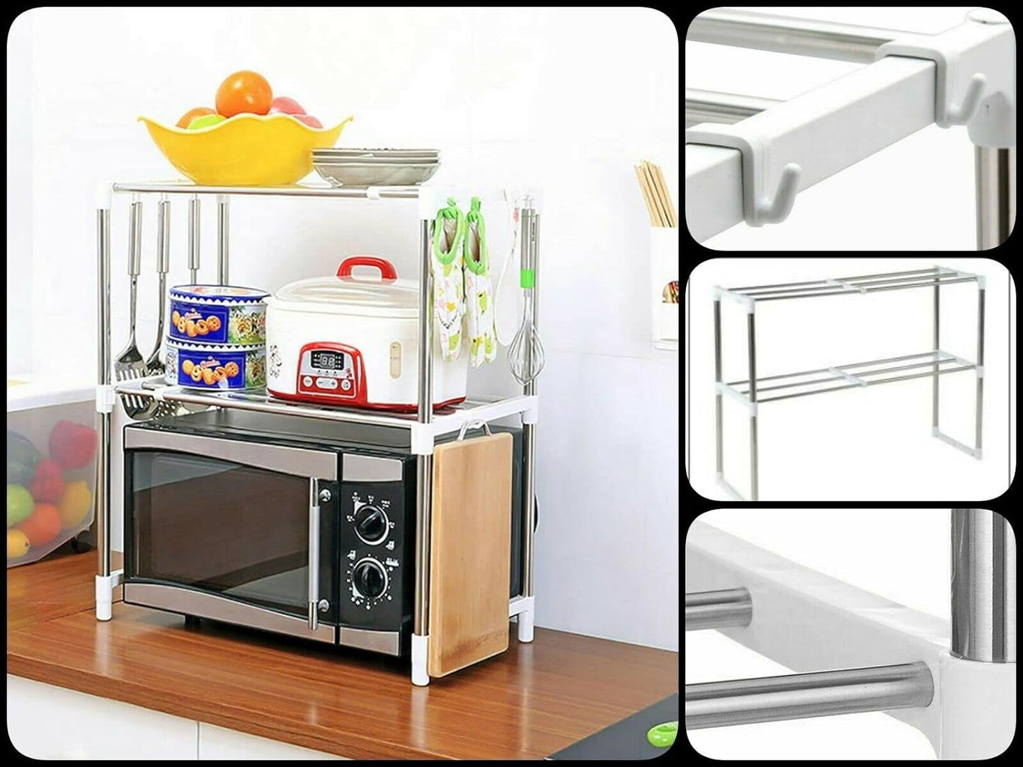2 Tier Microwave Oven Rack Kitchen Counter top Storage Organizer Stand with 2 Height Adjustable Shelves and 6 Hooks