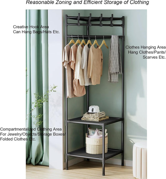 Corner Coat Rack Freestanding Metal Clothing Rack With 2/3-Tier Shelves And 4 Hooks Corner Clothes Rack For Home,Bedroom,Living Room