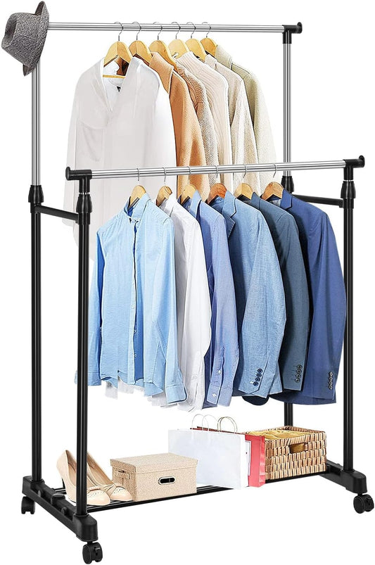 Double Rail Clothes Rail, Portable Clothes Rack on Wheels