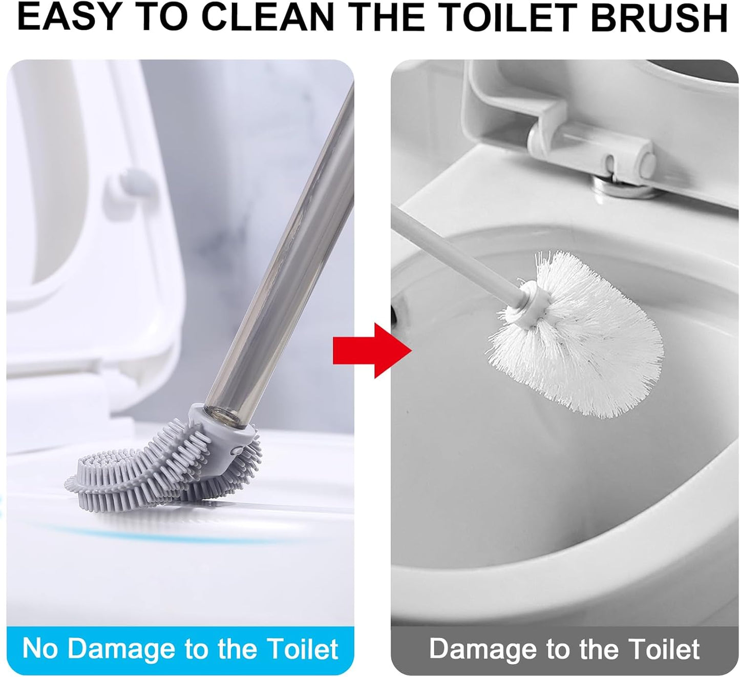 Silicone Toilet Brush and Holder Set, Deep Cleaning Bowl Toilet Brush with Soft Flexible Bristles and No-Slip Plastic Handle