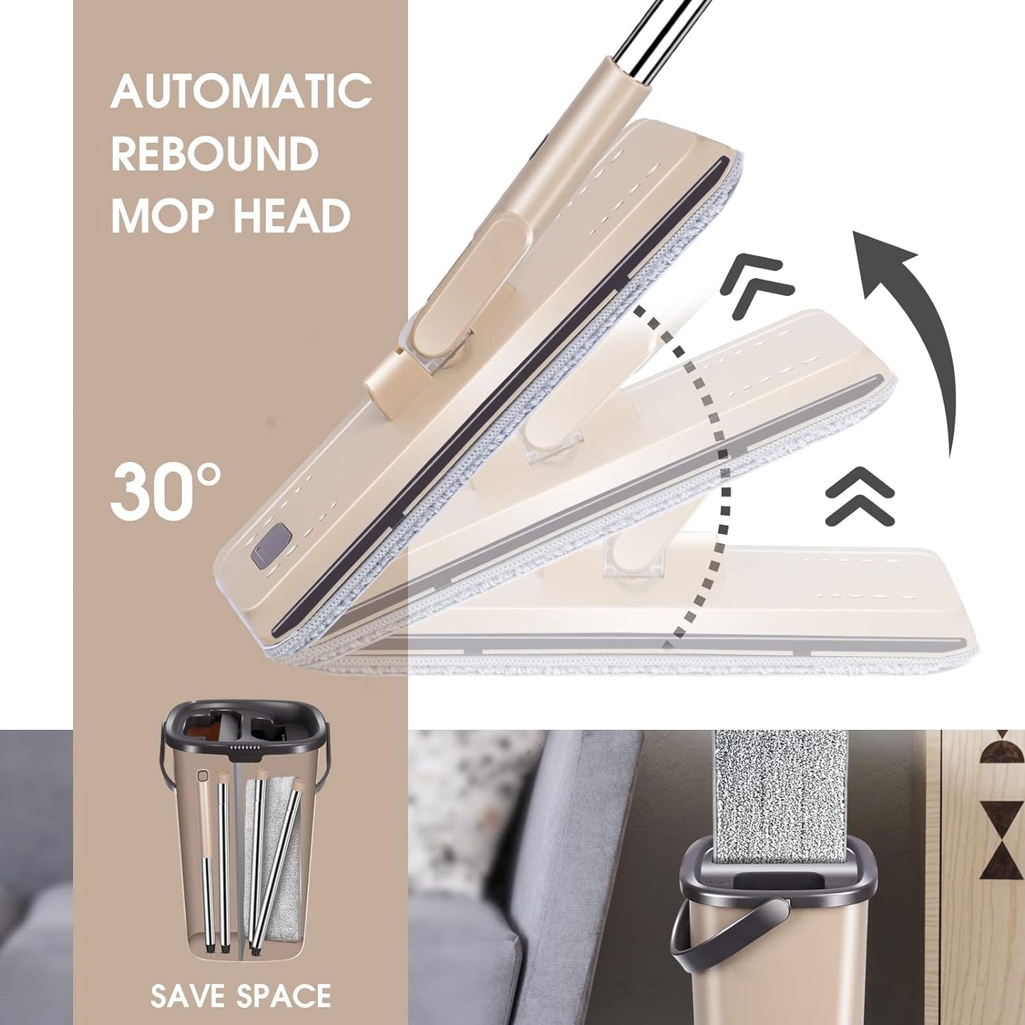 Flat Mop and Bucket Set, Compact Mop Bucket with Stainless Steel Long Handle, Squeegee Floor Mop Set with Wringing Bucket for Floor Cleaning, Send 2 Microfiber Mop Pads