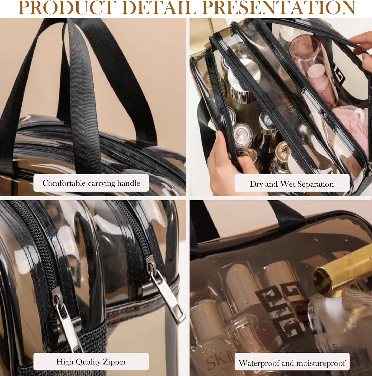 Clear Makeup Bag, Waterproof Makeup Bag ,Large Waterproof Clear Travel Bag for Toiletries - Transparent Makeup Bag with Double Zipper Design - TSA Compliant Carry-On for Men and Women - Stylish Black Trim