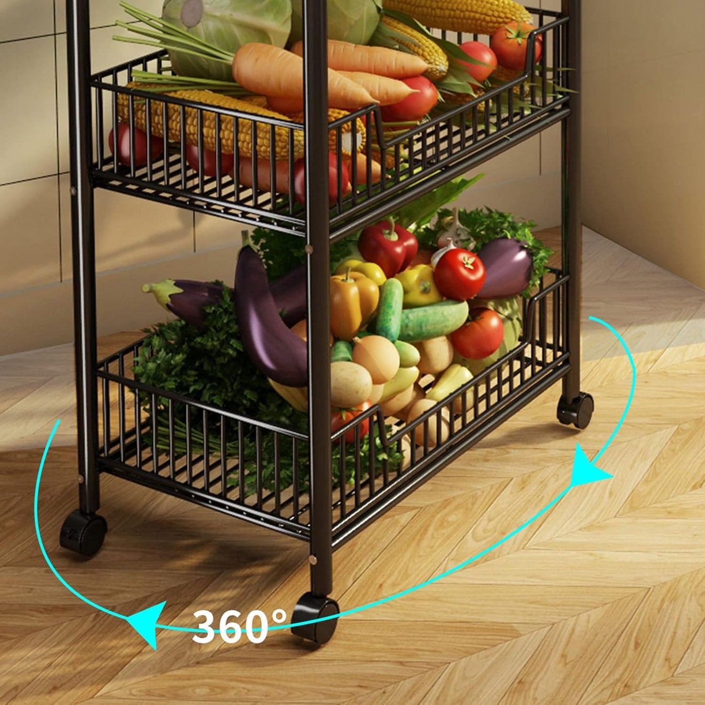 Vegetable Storage Rack,kitchen Trolley,Vegetable Trolley on Wheels,5-4 Tier Kitchen Vegetable Storage Trolley Black Metal
