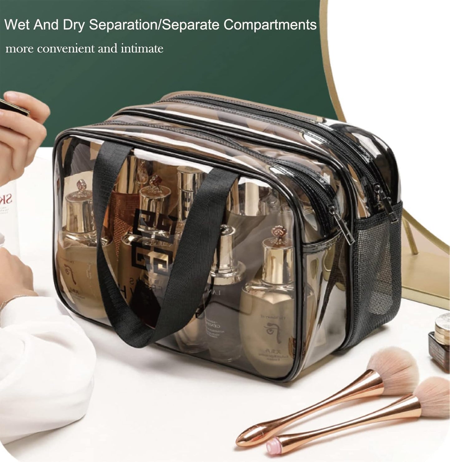 Clear Makeup Bag, Waterproof Makeup Bag ,Large Waterproof Clear Travel Bag for Toiletries - Transparent Makeup Bag with Double Zipper Design - TSA Compliant Carry-On for Men and Women - Stylish Black Trim