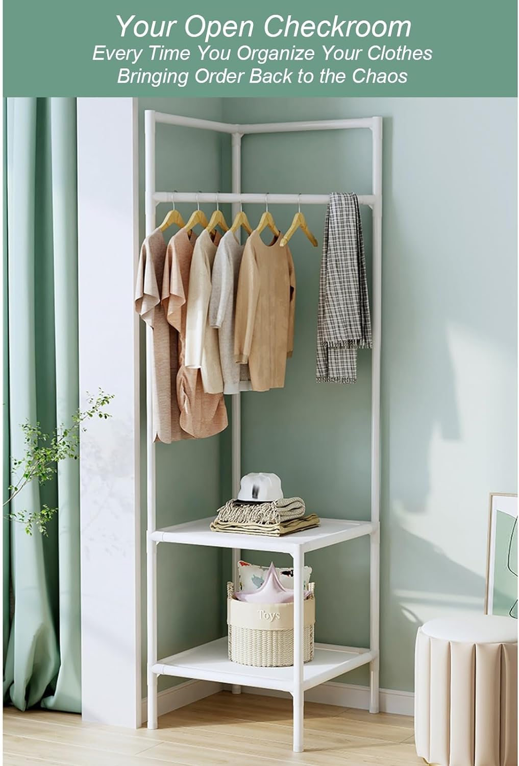 Corner Coat Rack Freestanding Metal Clothing Rack With 2/3-Tier Shelves And 4 Hooks Corner Clothes Rack For Home,Bedroom,Living Room