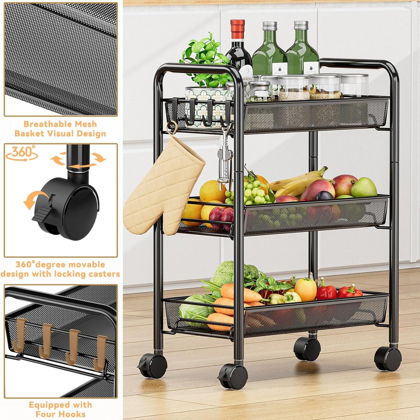 5 tier Tier Storage Trolley - Metal Kitchen Trolley on Wheels Rolling Art Trolley Utility Cart for Kitchen Laundry Bathroom Easy Assemble Black