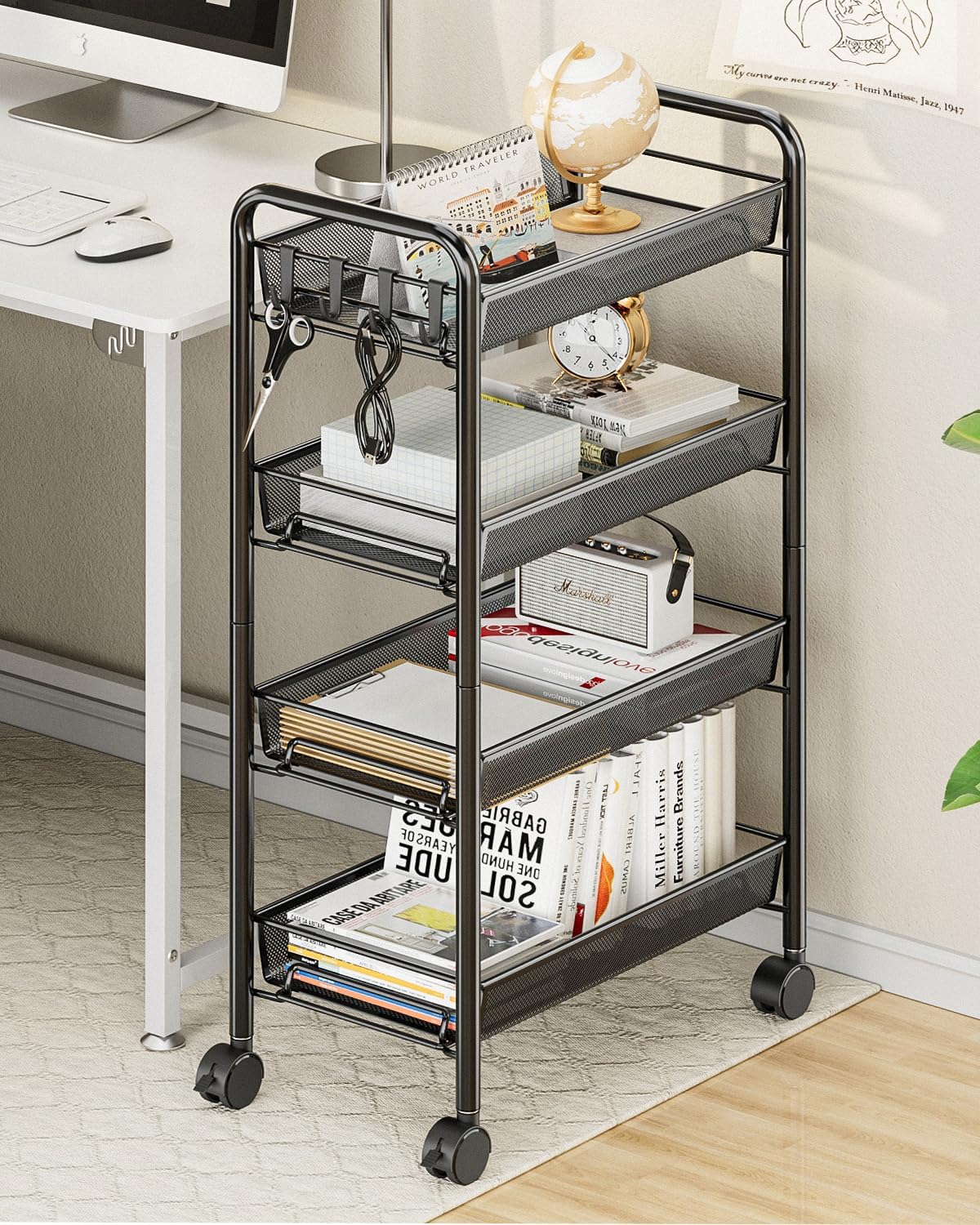 5 tier Tier Storage Trolley - Metal Kitchen Trolley on Wheels Rolling Art Trolley Utility Cart for Kitchen Laundry Bathroom Easy Assemble Black