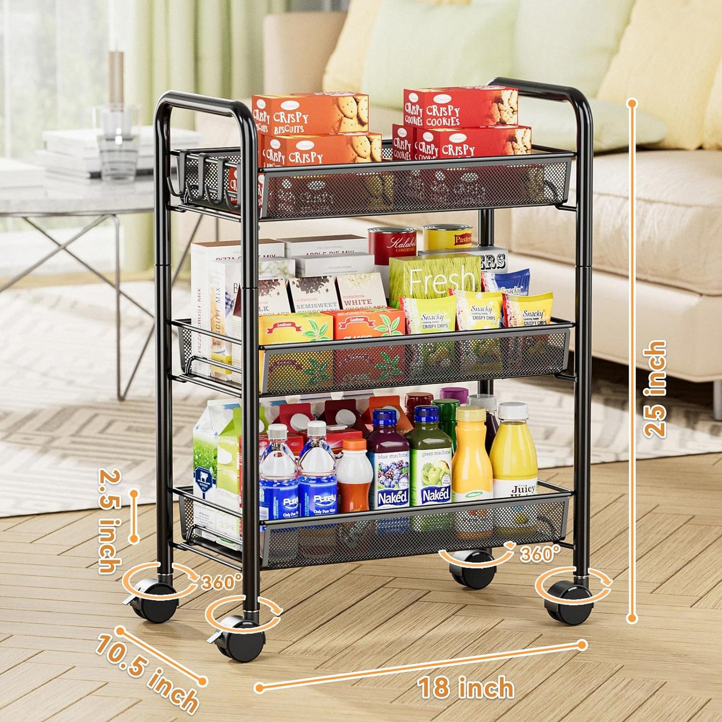 5 tier Tier Storage Trolley - Metal Kitchen Trolley on Wheels Rolling Art Trolley Utility Cart for Kitchen Laundry Bathroom Easy Assemble Black