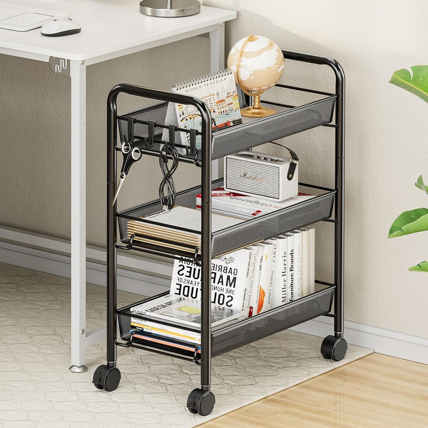 5 tier Tier Storage Trolley - Metal Kitchen Trolley on Wheels Rolling Art Trolley Utility Cart for Kitchen Laundry Bathroom Easy Assemble Black