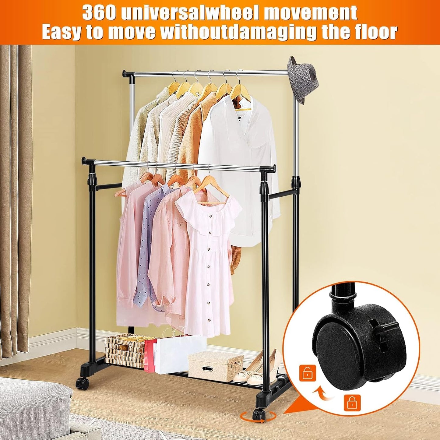 Double Rail Clothes Rail, Portable Clothes Rack on Wheels